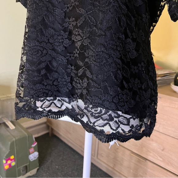 Black Lace Lined Short-Sleeve Blouse Round-Neck Modest Shirt Formal Top Sz S-M - Picture 5 of 16